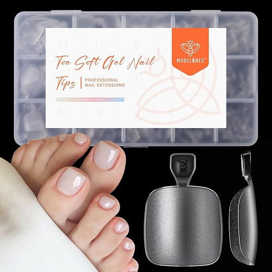 Modelones Toe Nail Tips Short Square Soft Gel Tips Squoval Fake Toe Nails Matte Full Cover Pre-shape Extension Home DIY Salon 240Pcs 15Sizes