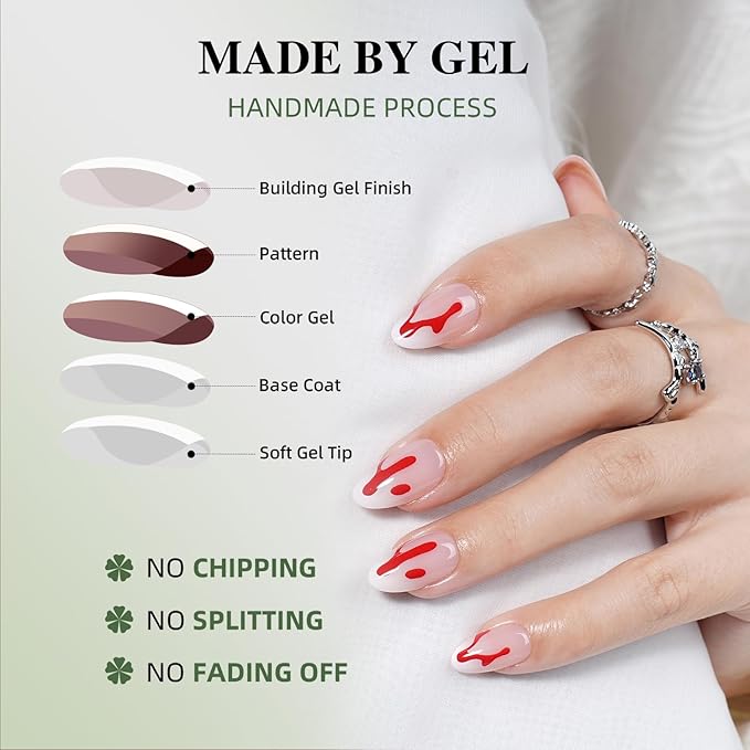 Press On Nails Short Almond Horror Fake Nails with Horror Design, Glue On Nails Reusable Stick On Nails in 16 Sizes, 32pcs False Nail Kit for Women & Girls