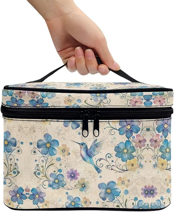 Blue Hummingbird Floral Pattern Travel Makeup Bags for Women Portable Tote Cosmetic Case with Carry Handle Toiletry Accessories Storage Organizer Bags
