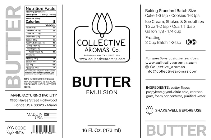 Butter Emulsion for Baking - Natural Flavoring Blend for Cookies, Cakes, Ice Cream, Smoothies, Beverages & More - 16 fl oz Kosher, Pure Butter Emulsion by Collective Aromas Co.