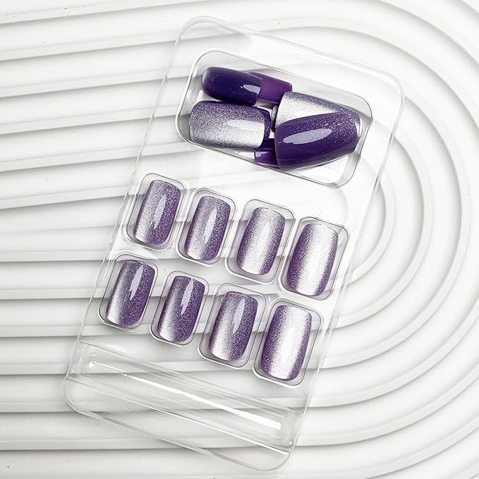 Square Press on Nails - Light Purple Glitter, Short Acrylic, Medium Glossy, False Nails, Gel Glue, Ombre Stick on Nails for Women & Girls - 24Pcs