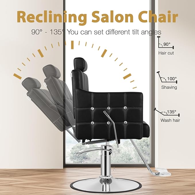 Black Reclining Salon Chair for Hair Stylist, Barber Chair for Barbershop with 350LBS Hydraulic Pump, Adjustable Headrest, 135° Recliner Hair Stylist Chair for Beauty Salon, Spa or Tattoo Studio