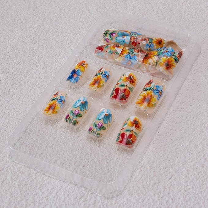 Flowers Press on Nails Medium Square Fake Nails 3D Floral Acrylic Nails Colorful Flower False Nails Spring Stick on Nails Cute Artificial Nails for Women Girls Manicure 24Pcs