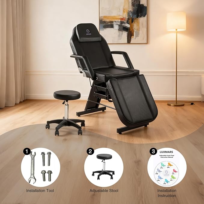 Tattoo Chair Adjustable,Facial Chair Multipurpose 73 Inch Spa Facial Bed with Massage Equipment Stool for Beauty Spa Tattoo, Black