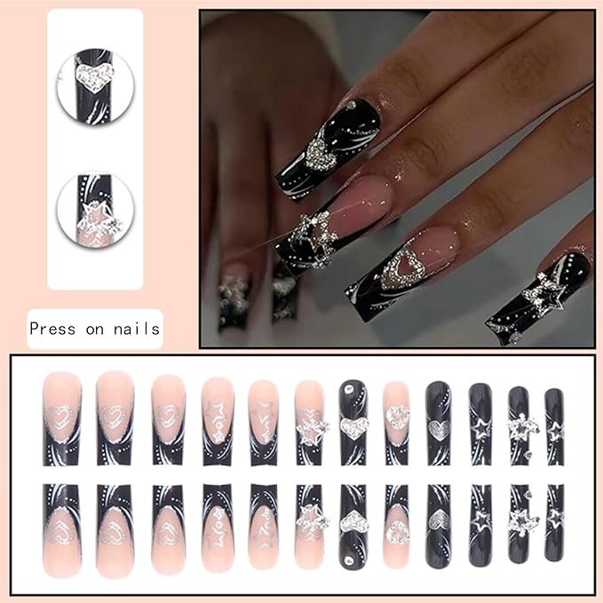 Fake Nails Black Long Press on Coffin Nails Heart Crystal Full Cover Acrylic French Shiny Fake Nails for Women and Girls 24PCS
