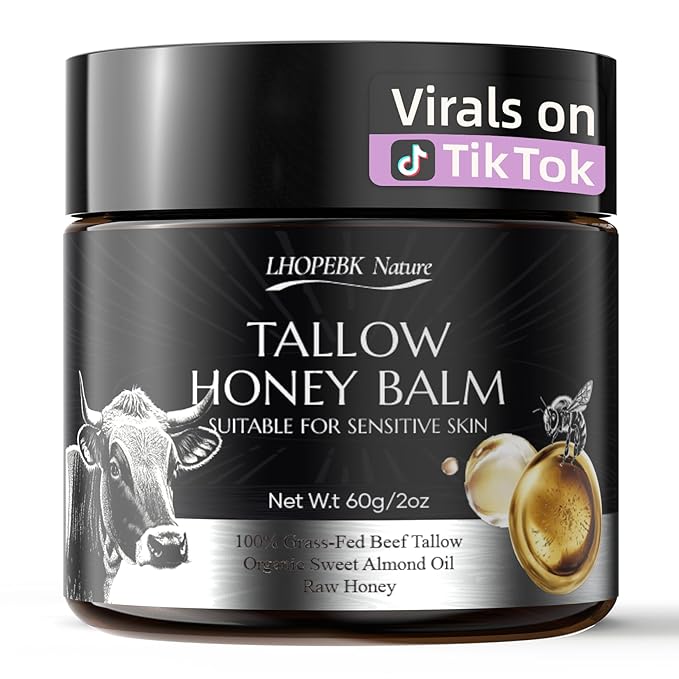 Beef Tallow for Skin: Tallow Honey Balm for Dry Skin - Organic Grass Fed Whipped Beef Tallow Moisturizer for Face Body at Home Travel 2Oz