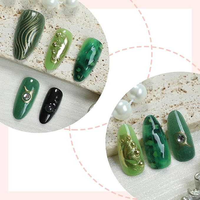 30Pcs Green Press on Nails Oval Almond Fake Nails Gold Butterfly Design Rhinestone Starlight Full Cover Nail Tips Handmade False Fingernails Medium Artificial Nails Cute Stick on Nails for Women DIY