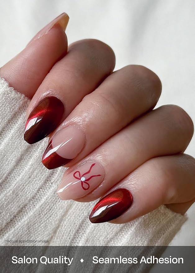 ohora Semi Cured Gel Nail Strips (N Crimson Bow) - Works with Any Lamps, Salon-Quality, Long Lasting, Easy to Apply & Remove - Includes 2 Prep Pads, Nail File & Wooden Stick