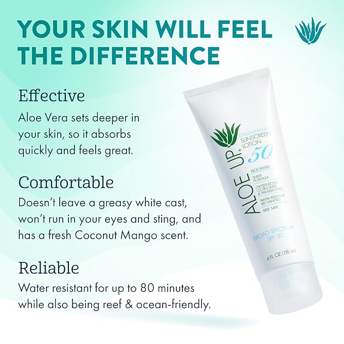 Aloe Up SPF 50 Sunscreen for Sensitive Skin - Broad Spectrum Face and Body Sunblock with Aloe Vera - Reef-Safe, Hydrating Coco-Mango Fragrance, 4 Oz