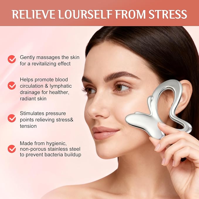 Gua Sha & Face Roller, Stainless Steel Gua Sha Facial Tools,Lymphatic Drainage Massager for Face, Eyes,Chin & Jawline Sculpting,Body Gua Sha Tools with Pouch (Light Silver)