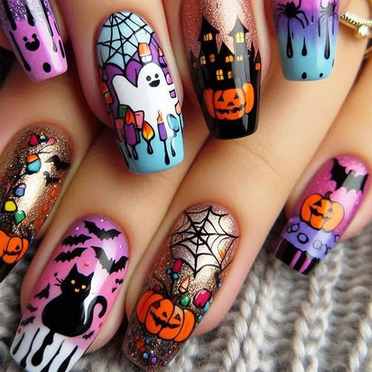 24Pcs Halloween Press on Nails Long Coffin False Nails with Ghost Pumpkin Design Acrylic Glue on Nails Black Cat Bat Halloween Fake Nails Glossy Glitter Holiday Stick on Nails for Women DIY Nail Salon