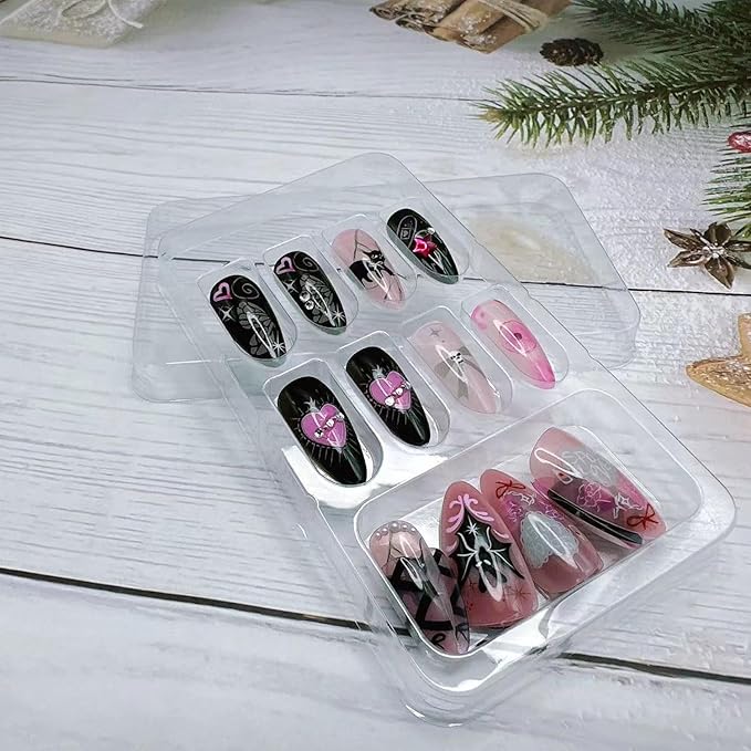 24pcs Halloween Nails - Handmade Press on Nails Black Bat Graffiti Fake Nails Medium Almond Halloween Press on Gothic Punk Stick on Nails Full Cover Artificial Acrylic Fake Nail Tips Manicure Finger