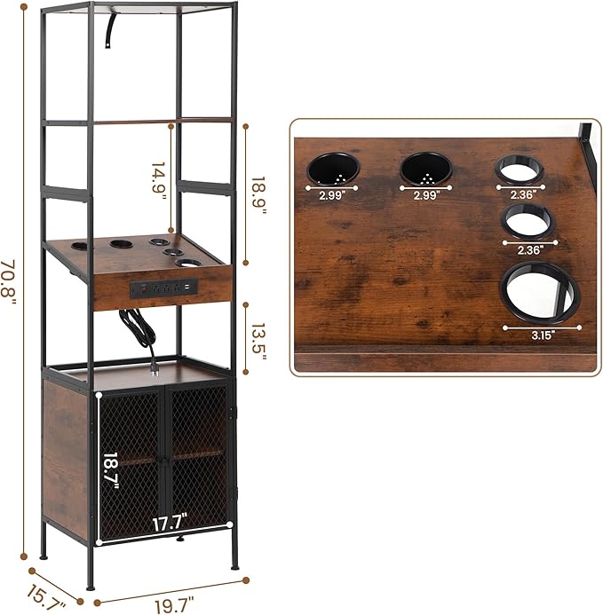 Industrial Salon Station for Hair Stylist, Beauty Spa Shelf and Storage Cabinet with Dryer Hole, 7 Tool Holders, Power Outlets, Styling Equipment for Barber Bathroom, 70.8" H, Rustic Brown
