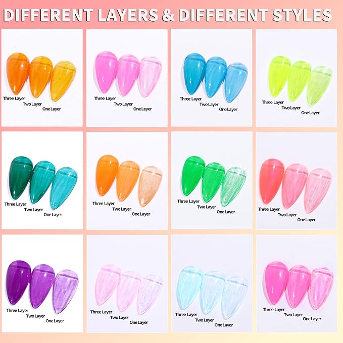 Jelly Gel Nail Polish, 12 Pcs Glossy Trendy Colors Transparent Nail Polish Set Nude Pink Purple Green Blue Yellow Colors Jelly Nail Polish Kit UV LED Soak Off Home DIY Nail Art Salon
