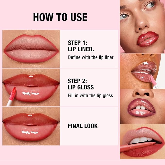 Red Lip Liner Waterproof Lip Liner and Gloss Set High Pigment Long Lasting Plum Smudge proof Lip Gloss and Lip Liner Set (10# Red)