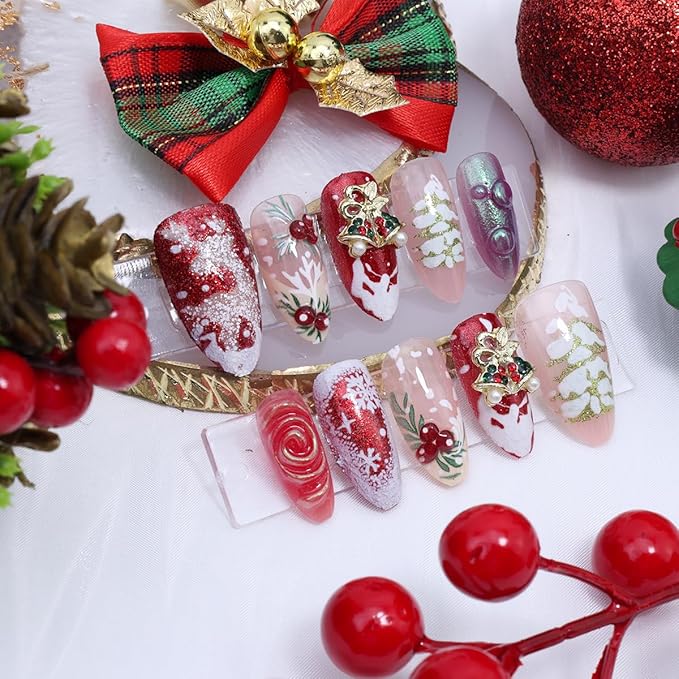 30Pcs Christmas Press on Nails Medium Almond Fake Nails with 3D Gold Bells Rhinestones Designs Holly Leaf French Tip Stick on Nails White Snowflake Reindeer Christmas Tree Winter False Nails for Women