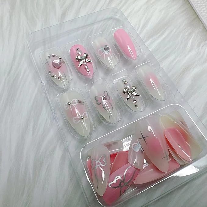 24Pcs Handmade Press On Nails Fake Nails with 3D Diamond Designs French Press on Bow False Nail Full Cover Rhinestones Love Stick on Nails For Women Medium Almond Nail Tips Set