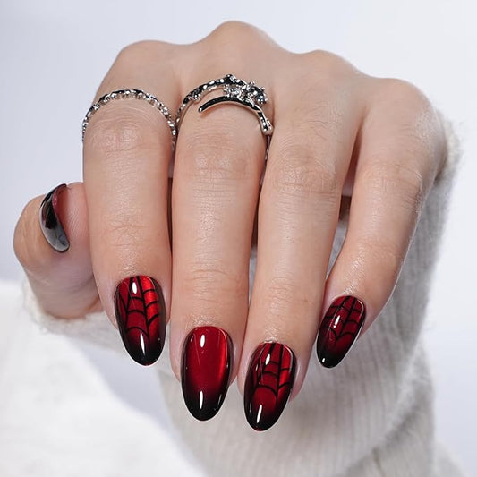 Red Press on Nails, Short Press on Nails Almond Reusable Glossy Cat Eye Nails Soft Gel False Nails Web Press ons for Women, 16 Sizes 32 Count Nails Kit with Glue (SV-10)