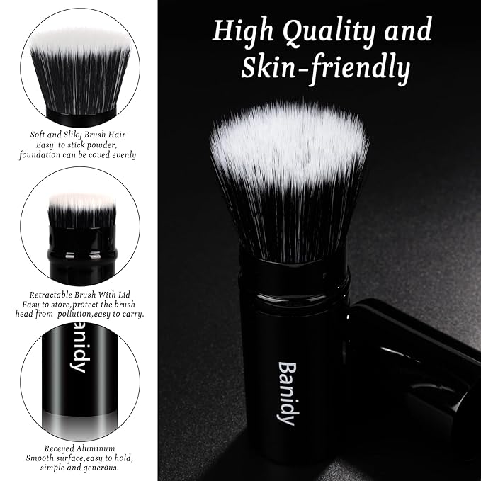 Foundation Makeup Brush Flat Top Kabuki Face Blush Liquid Powder Foundation Brush Retractable Travel Brush for Blending Liquid, Cream or Flawless Powder Cosmetics