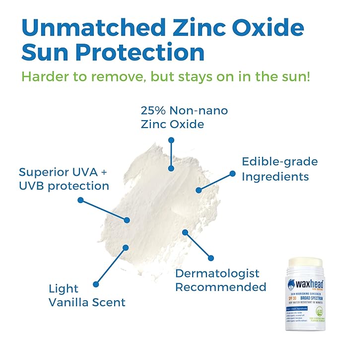 Waxhead Zinc Oxide Sunscreen Stick SPF 30 – Mineral Sunblock for Face & Body, Sport & Surf Reef Safe, Waterproof, Baby & Kids Safe for Sensitive Skin, Non-Nano Organic Tattoo Protection (White, 3.7oz)