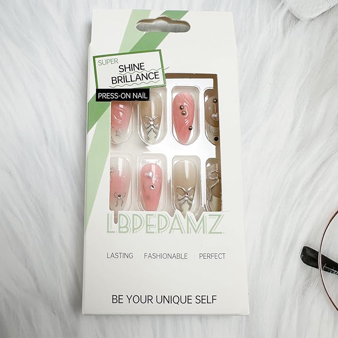 Pink Press on Nails Medium Almond Fake Nails with 3D Silver Bow Bead Pearl Designs White Gradient French Tips Acrylic Nails False Nails Heart Full Cover Glossy Stick on Nails for Women 24Pcs