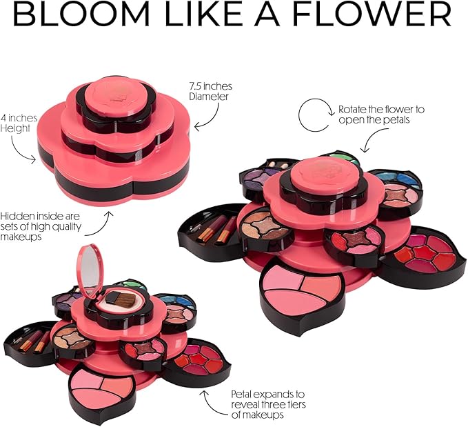 Toysical Makeup Kit for Teens - Flower Makeup Palette Gift Set for Teen Girls and Women - Makeup for Girls 10-12 - Petals Expand to 3 Tiers - Variety Shade Array - Full Starter Kit for Beginners