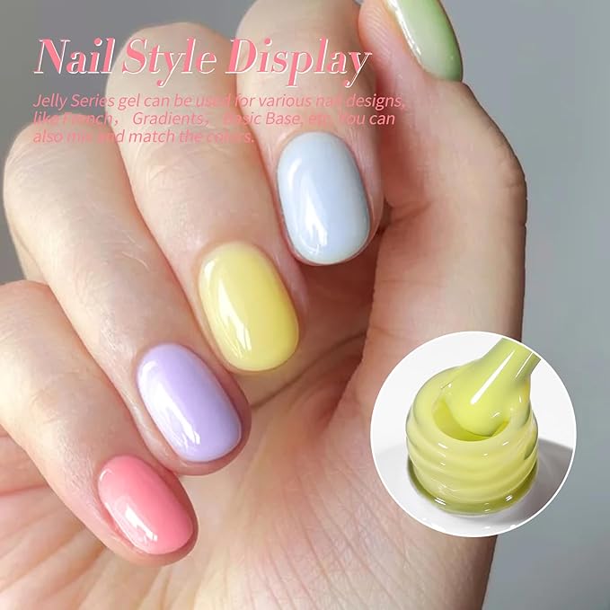 Born Pretty Jelly Pastel Gel Nail Polish 6 Colors Spring Summer Yellow Green Blue Purple Pink Candy Sweet Colors Apex Building Effect Gel Polish Kit Nail Art Gel Manicure Kit DIY at Home Salon Gifts
