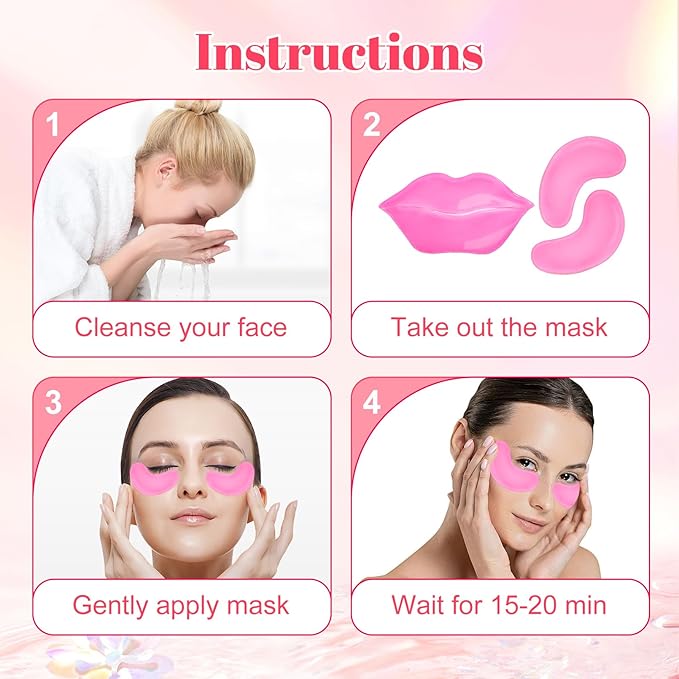 30 Pads Lip Masks & Eye Masks,Under Eye Mask Skincare,Crystal Collagen Lip Mask Sheet,Under Eye Patches for Puffy Eyes and Dark Circles,Moisturizing,Anti-Aging,Reducing Fine Lines,Pink