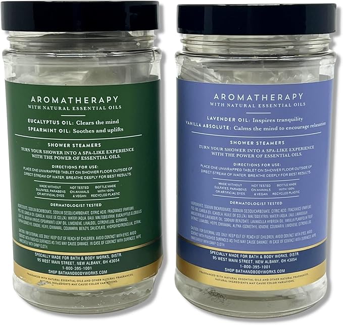 Bath & Body Works - Aromatherapy - Shower Steamers, 6 Tablets Each - 2 Pack Bundle - Lavender Vanilla and Eucalyptus Spearmint