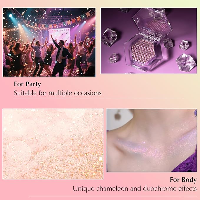 Rose Gold Glitter Eyeshadow Palette, Multichrome Chameleon Cream to Powder Eye Shadow, Color Shifting Holographic Eyeshadow Shimmer Inner Corner Eye Brightener Highlighter Makeup