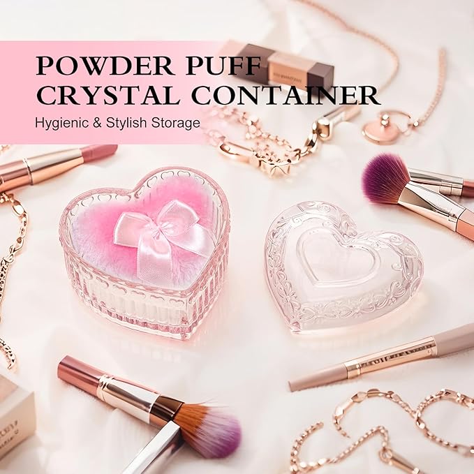 2 Pieces Large Body Powder Puff and Container Powder Container with Puff, Dusting Powder Puff Crystal Case, Body Powder for Women Soft Washable Reusable Velour Face Body Glitter Wet Dry Makeup(Love)
