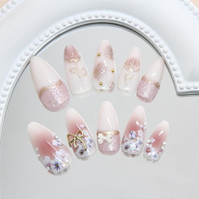24Pcs Flower Press on Nails Almond Medium Charms Fake Nails with Rhinestones Design French Nails Gold Bow False Nails Full Cover Golden Rose Flower Stick on Nails DIY Manicure Daily Wear for Women