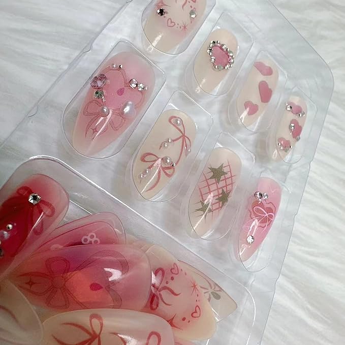 24Pcs Press on Nails Medium with Handmade Pearl Heart Star Design Pink Smudged Almond Nail Shape Acrylic Nails False Nails French Manicure Nail Tips Rhinestones Love Stick on Nails for Women