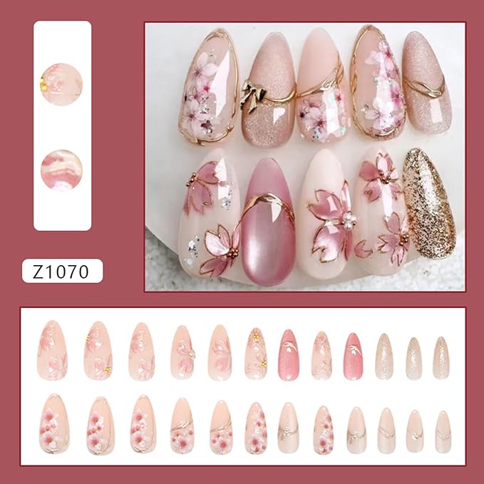 24Pcs Pink Flower Press on Nails Medium Almond French Fake Nails with Irregular Line Bow Design Cherry Blossom False Nails Full Cover Artificial Nails Cute Stick on Nail Pearl Nail Spring for Women