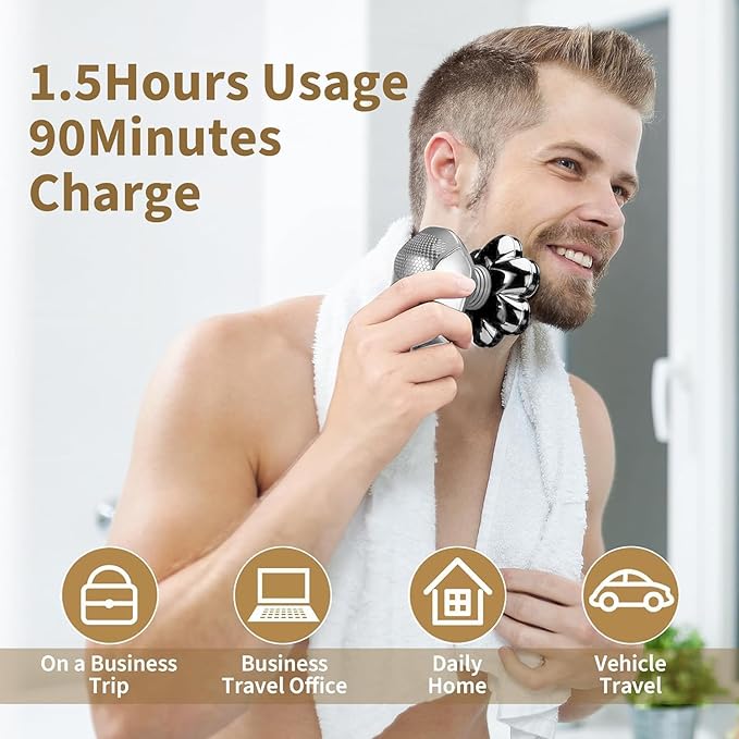 Detachable Head Shavers, SHPAVVER 5 in 1 Electric Razor IPX7 Waterproof for Bald Men, Wet Dry LED Display Rechargeable 7D Rotary Shaver Grooming Kit with Type C Charge A，Bright Silver