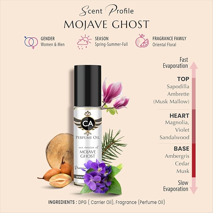 CA Perfume Impression of Mojave Ghost For Women & Men Replica Fragrance Body Oil Dupes Alcohol-Free Roll-On 0.3 Fl Oz/10ml