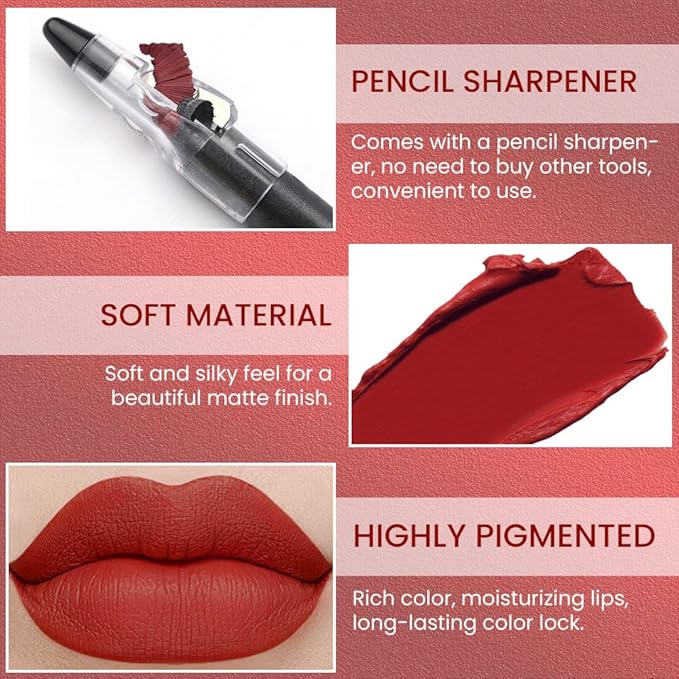 Classical Red Crayon Matte Lipstick Lip Liner Pencil, Moisture Smooth Lipstick Pencil, With pencil sharpener Sharpenable Lip Pencil, Ultimate Lip Crayon for Women Smudgeproof Waterproof 06#