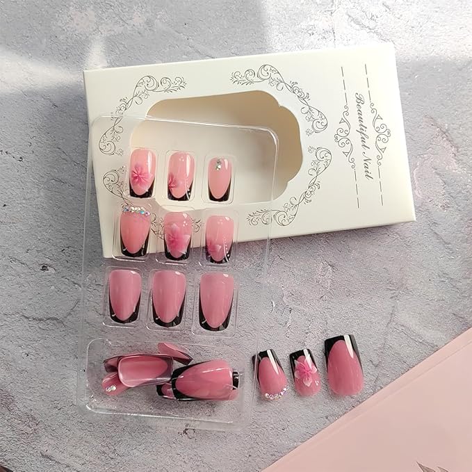 24Pcs Black French Tip Press on Nails Medium Square Flower Fake Nails with Rhinestones Glue on Nails Full Cover Pink False Nails Hibiscus Flower Artificial Stick on Nail Spring Acrylic Nails for Women