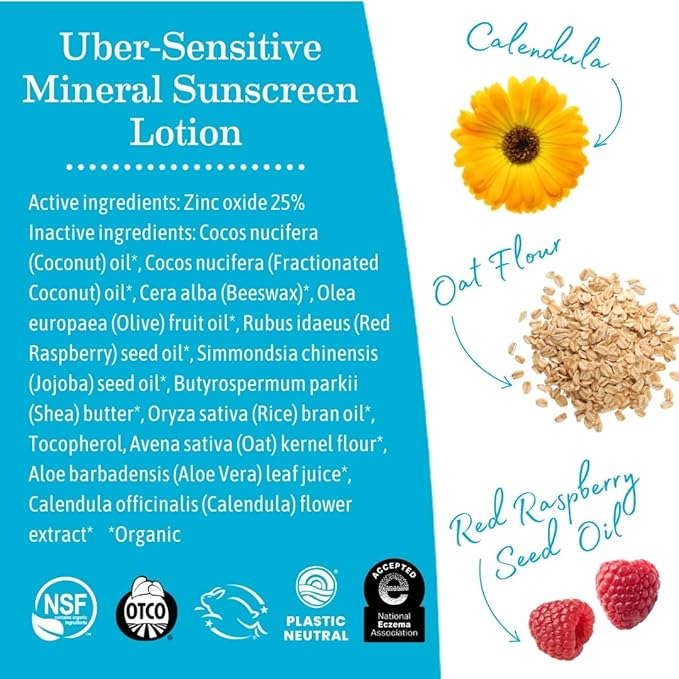 Earth Mama Uber-Sensitive Mineral Sunscreen Lotion SPF 40 | Reef Safe, Non-Nano Zinc, Contains Organic Colloidal Oatmeal | Steroid-Free Eczema Cream for Baby, Kid & Family, 3-Ounce