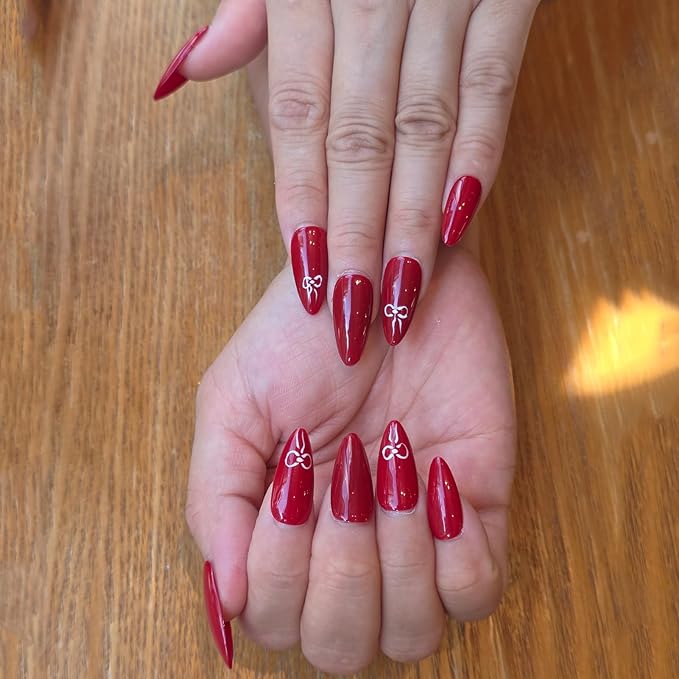 Red Press On Nails Bow Design - Medium Almond Handmade Reusable Gel Acrylic 10pcs (Dark Rose Collection, Size M)