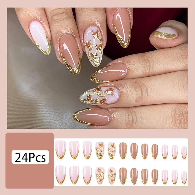 24pcs Gold French Tip Press on Nails Medium Almond Fake Nails with 3D Flower Acrylic Nails Designs Gold Stripes Acrylic Nail Tips Stick on Nails Floral False Nails Kit Glue on Nails for Women