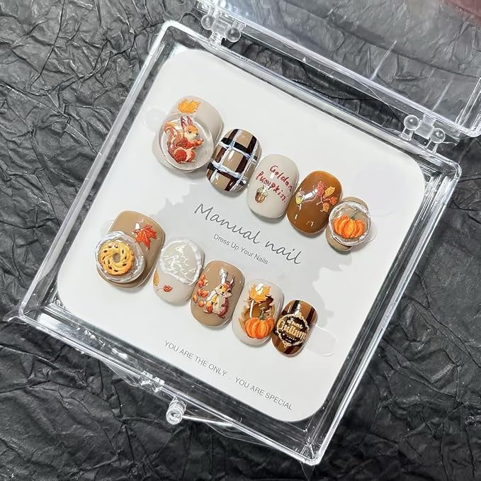 10Pcs Thanksgiving Press on Nails Petite Short Fall Fake Nails 3D Cute Squirrel with Pumpkin Design Maple Leaf Glue on Nail Full Cover Artificial Autumn False Nails for Women Holiday Acrylic Manicure