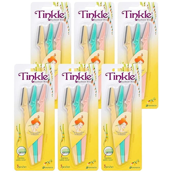 Tinkle Dermaplaning Tool 18ct, Dermaplane Razor for Women, Safe and Easy Peach Fuzz Remover, Eyebrow Trimmer with Protective Cover (6 Packs of 3)