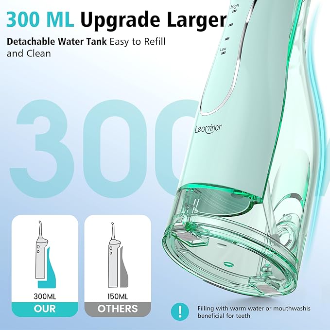 Leominor Water Dental Flosser Pick for Teeth, 300ML Portable Oral Irrigator Upgraded Tank Removable,IPX7 Waterproof, Rechargeable Travel Teeth Cleaner, Professional Electric Flossing (Green)
