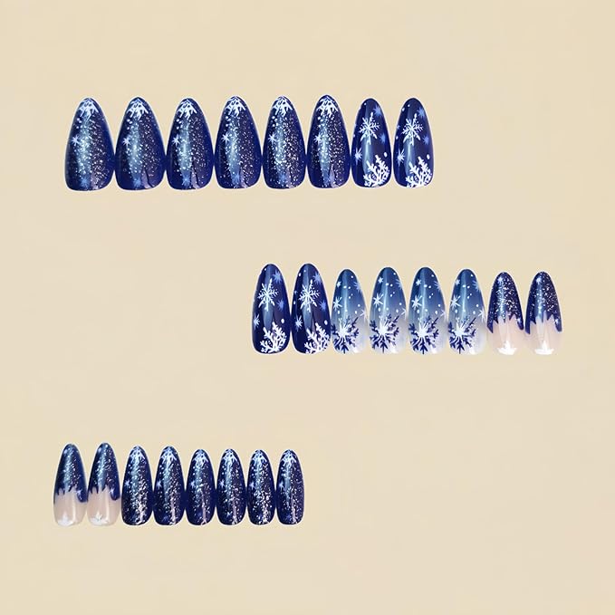 Almond Press on Nails Medium Snowflake Fake Nails Winter Blue False Nails Ombre Glitter Acrylic Nails Reusable Christmas Artificial Nail Full Cover Stick on Nail for Women Girls Manicure 24Pcs