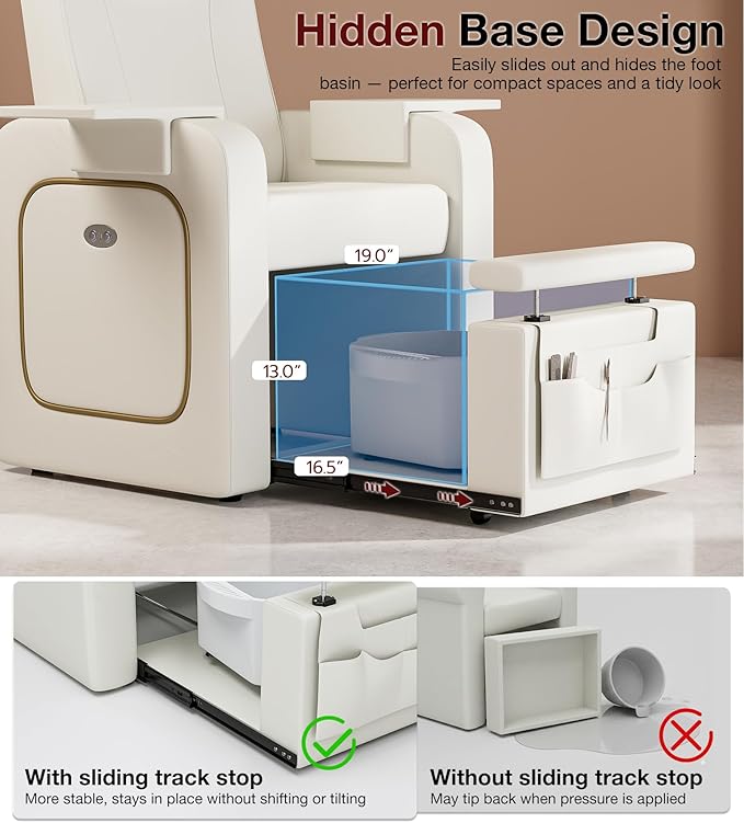 VARONXE Electric Reclining Pedicure Chair No Plumbing for Foot Spa, Profesional Pedicure Stand with Tool Pouch for Nail Teach, Ergonomic Pedi Sofa with Sliding Tray for Small Spaces, Off-White