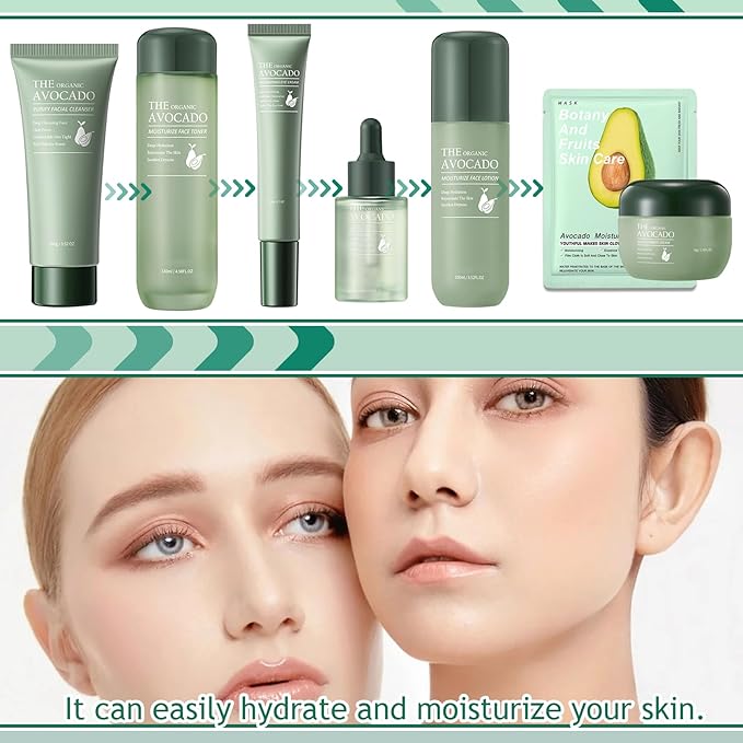 Avocado Skin Care Set,Facial Kit with Facial Cleanser,Toner,Eye Cream,Face Serum,Facial Serum,Face Cream,Lotion & 3PCS Face Mask,Travel Skincare Kit for Women (9PCS)