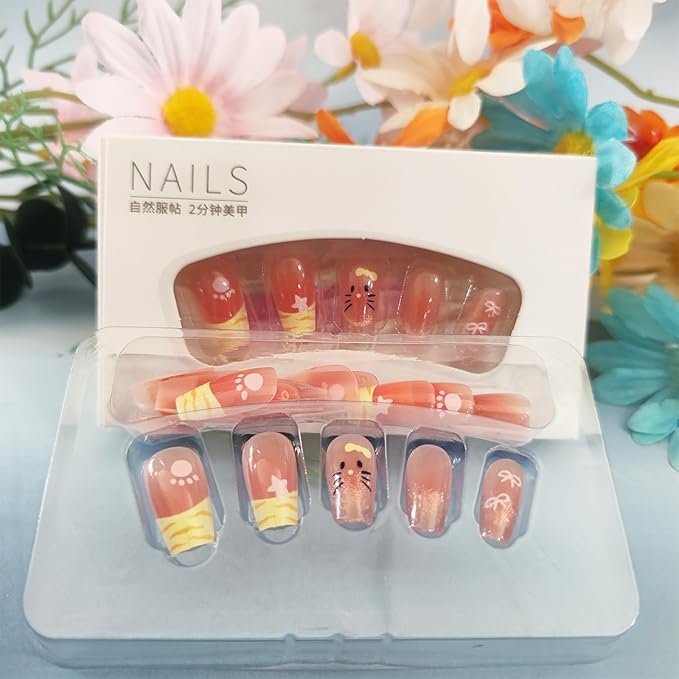 24Pcs Cat Face Press on Nails French Tips Acrylic Full Cover Fake Nails Cat Eye Gel Glue on Fingernails Glossy Yellow Bow Medium Coffin False Nail Stars Stick on Nail for Holiday Manicure Art