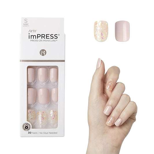 KISS imPRESS No Glue Mani Press On Nails, Design, 'Dorothy', Pink, Short Size, Squoval Shape, Includes 30 Nails, Prep Pad, Instructions Sheet, 1 Manicure Stick, 1 Mini File