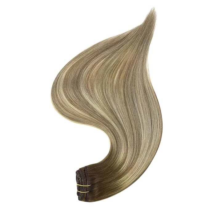 Full Shine Clip on Hair Extensions Human Hair 16 Inch Lace Clip in Extensions Real Human Hair Brown Ombre Ash Brown Mix Light Blonde Straight Remy Hair Extensions 3 Pcs 60 G